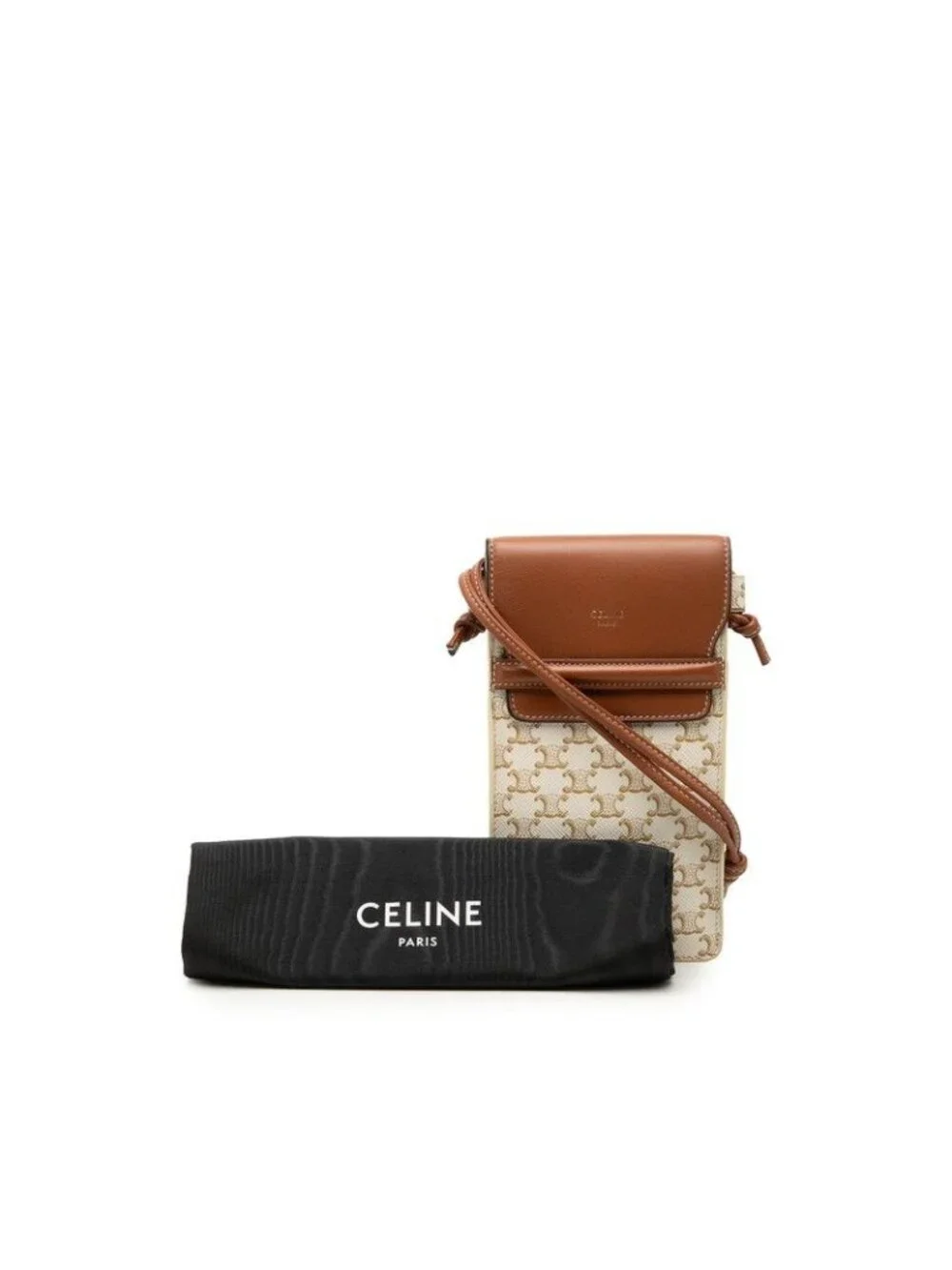 Celine Triomphe Phone Pouch Shoulder Bag White Brown Leather